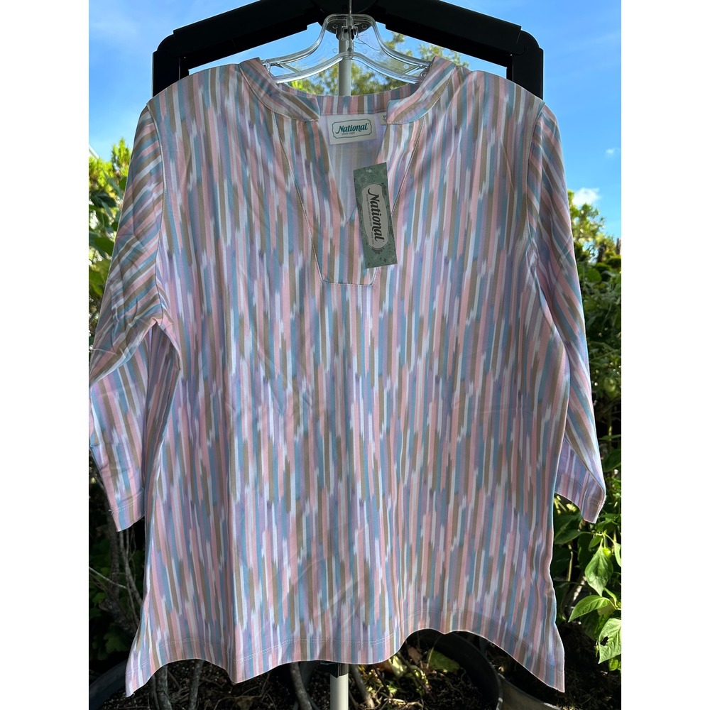 National Women PL Pink Blue Ikat Stripe Split Neck 3/4 Sleeve Knit Top NWT